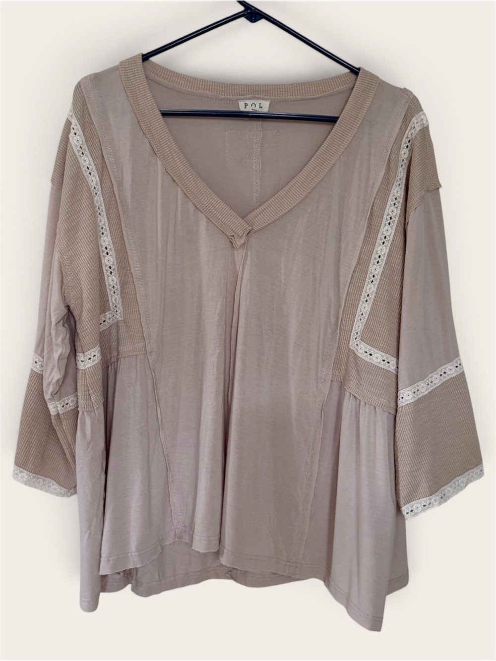 POL Taupe V-Neck Lace-Trim Relaxed Tunic Top